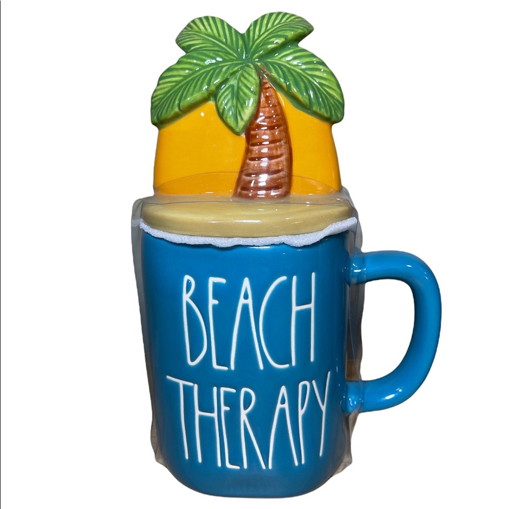 ⚡️SOLD⚡️Rae Dunn "Beach Therapy" Coffee Mug w/ Topper Lid Palm Tree 2 Set Mugs - Picture 2 of 11